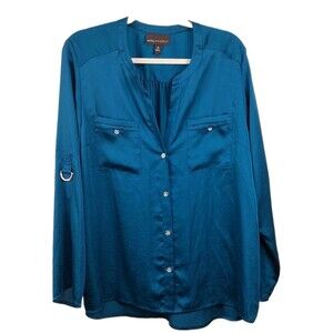 Teal Blue Roll Tab Utility Blouse Button Front Dana Buchman XL Office Night Out